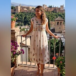 Zara Cream Sleevless Sheer Dress with Colorful Floral Embroidery Small